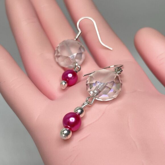 Artisan White Crystal Glass Pink Glass Pearl Seed Bead Necklace Earrings Set - Picture 10 of 10